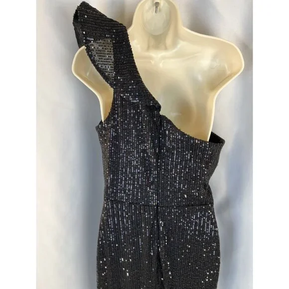 JVN by Jovani Black Sequin One Shoulder Ruffle Formal Gown $410